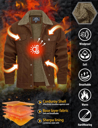 7DAY'S Men's Corduroy Jacket Fleece Sherpa Lined Winter Coats Warm Cotton Casual Trucker Cargo Jacket with Multi Pockets