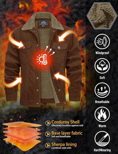 7DAY'S Men's Corduroy Jacket Fleece Sherpa Lined Winter Coats Warm Cotton Casual Trucker Cargo Jacket with Multi Pockets