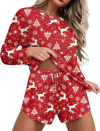 Ekouaer Womens Waffle Knit Pajama Sets Long Sleeve Top and Shorts Matching Lounge Set Loungewear Sweatsuit with Pockets