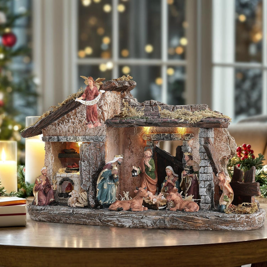 Nativity Scene Set with LED Lights,15.3" Resin Holy Family Character Stables Sculpture Manger Figurine for Indoor Tabletop Fireplace Christmas Decorations