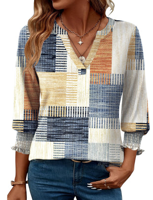 LOMON Blouses for Women Dressy Casual 3/4 Sleeve Tops for Women V Neck T Shirt Ladies Tops and Blouses Orange Blue Print L