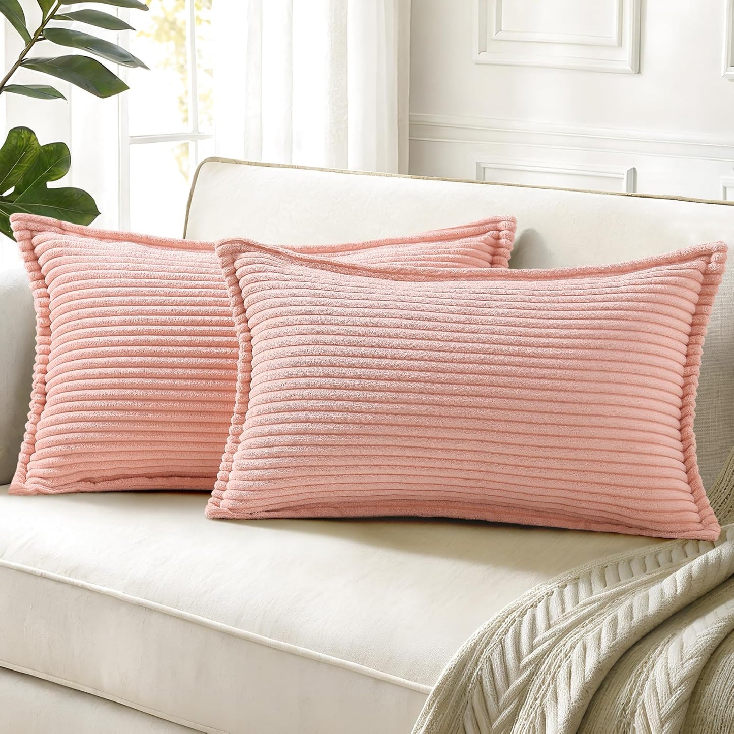 decorUhome Christmas Corduroy Cream White Throw Pillow Covers 18x18 Set of 2 Decorative Soft Boho Farmhouse Euro Couch Pillow Covers for Living Room Bed Sofa Broadside Striped Pillow Cases