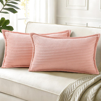 decorUhome Christmas Corduroy Cream White Throw Pillow Covers 18x18 Set of 2 Decorative Soft Boho Farmhouse Euro Couch Pillow Covers for Living Room Bed Sofa Broadside Striped Pillow Cases