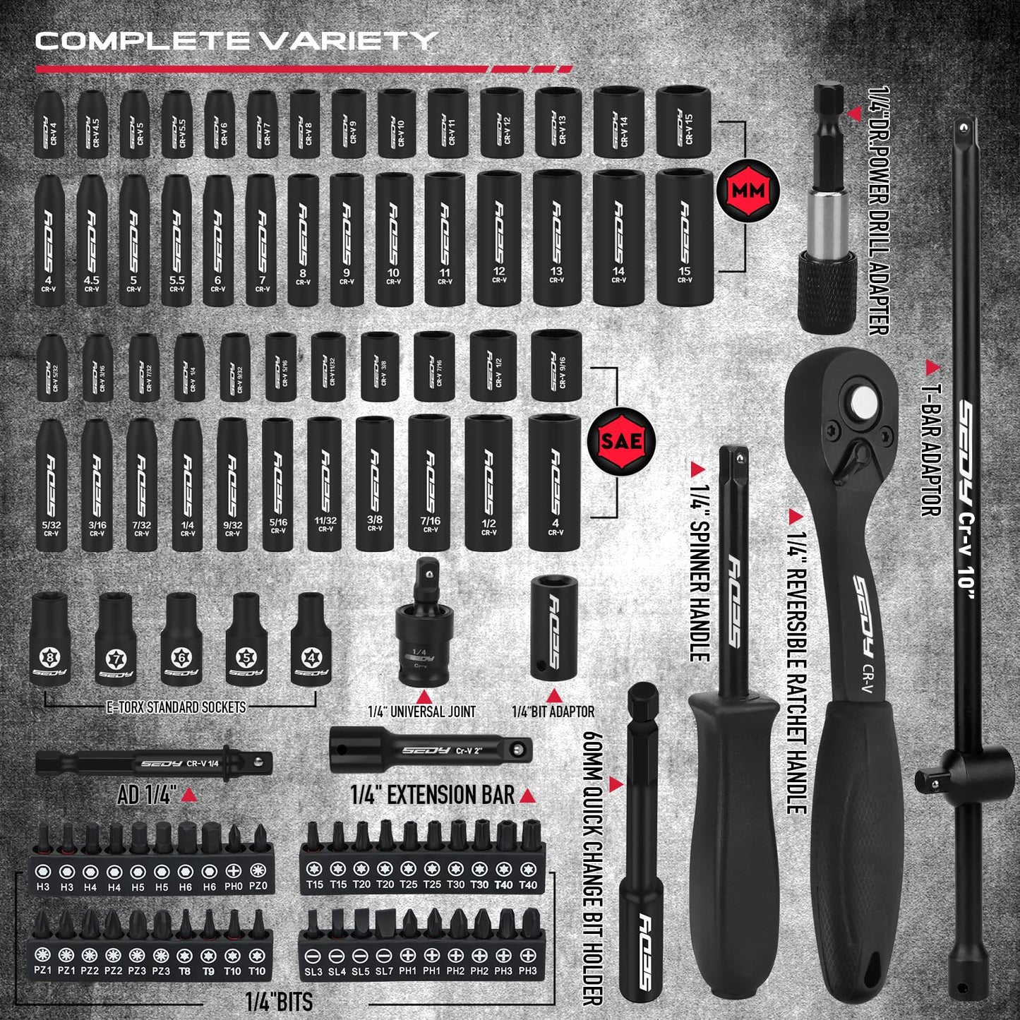 29-Piece 1/2" Drive Impact Socket Set, SAE (3/8 to 1 inch) and Metric (10-24mm) Sizes with Extension Bars Standard Deep Socket Set CR-V Material High Durability Impact Wrench