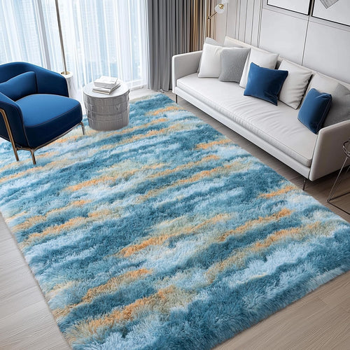 Blue Rugs for Bedroom, 4x6 Fluffy Fuzzy Modern Indoor Floor Rugs for Living Room, Soft Non-Slip Plush Shag Rug for Dorm Kids Room Home Decor, Blue Abstract