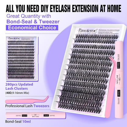 Pawotence Lash Extension Kit DIY 280pcs Lash Clusters Eyelash Extension Kit, 9-16mm 30D 40D Individual Lashes Kit with Lash Bond and Seal, Lash Tweezers for Self Use (30D&40D, 0.07D, 9-16mm, Kit)