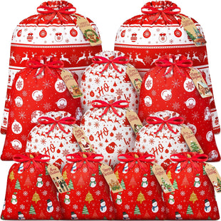 12PCS Christmas Gift Bags Assorted Sizes Bulk, Holiday Gift Bags with Tags, Large Medium Small Xmas Gifts Bag, Fabric Christmas Wrapping Bags Drawstring Gifts Bag for Xmas Presents Party Favors Sack