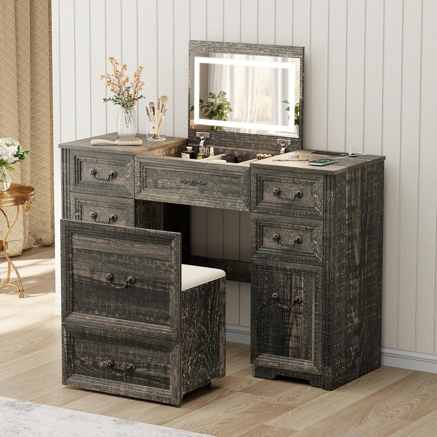 Makeup Vanity Desk with Mirror and Lights,Small Vanity Desk Set with Charging Station & Glass Top,Compact Dressing Table with Jewelry Cabinet & Storage Wheel Stool for Bedroom, Rustic Brown