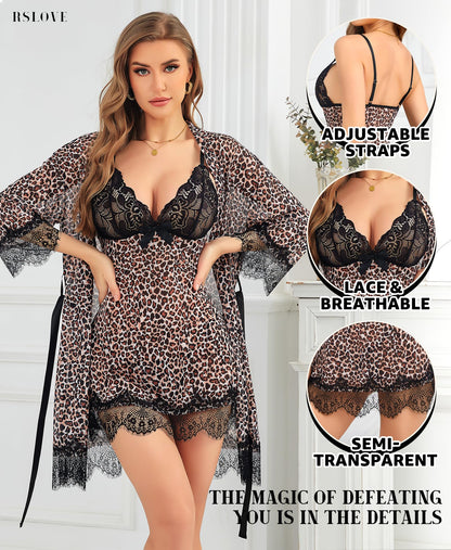 RSLOVE Women Sexy Lingerie Set 3 Piece Babydoll & Lace Kimono Robe Strap Chemise Mesh Nightgown Wine Red M