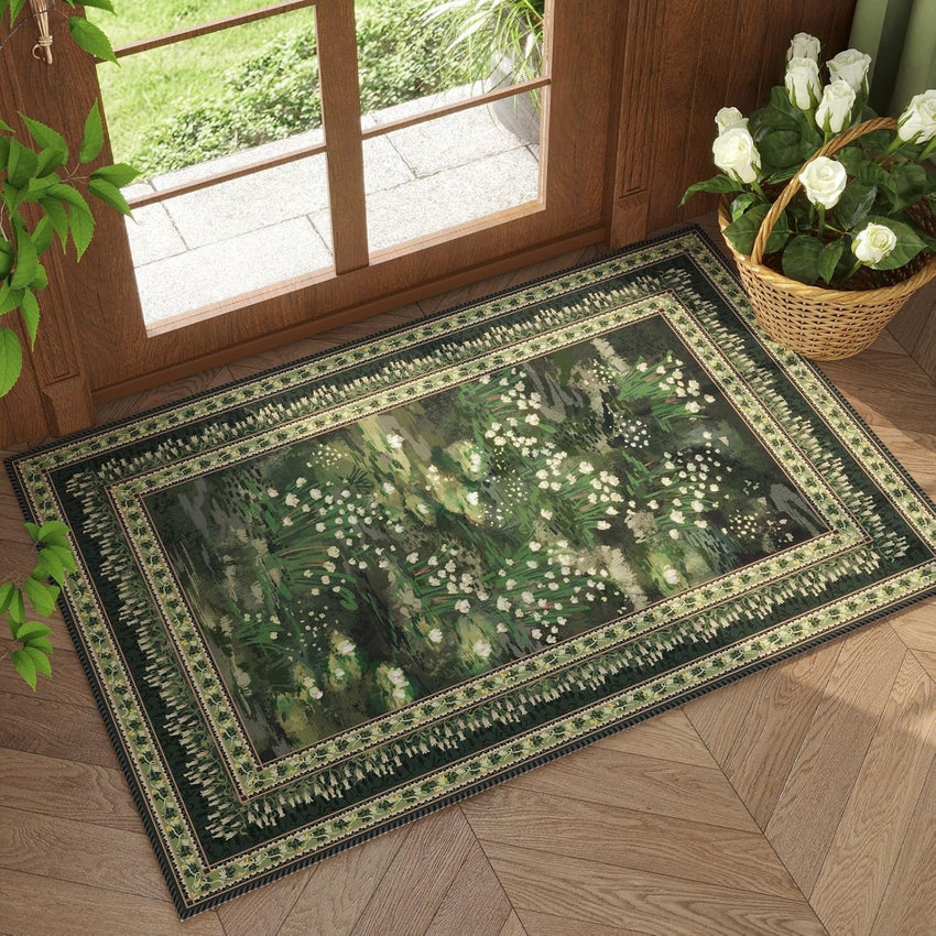 Rugcomf 4x6 Rug for Bedroom Impressionist-Style Vintage Washable Rugs Non Slip Low Pile Small Carpet for Bedside Kids Room Office Dining Room, Green
