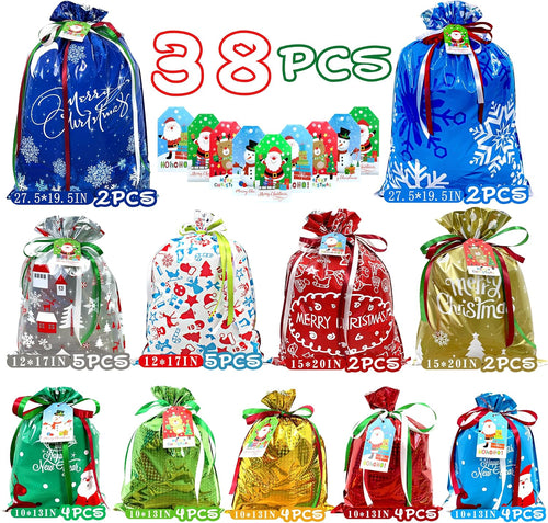 Diamerd 38PC Christmas Gift Bags with Tags & Ribbon Ties, Assorted Sizes for Xmas Holiday Present Wrapping & Festival Party Supplies-Small/Medium/Large