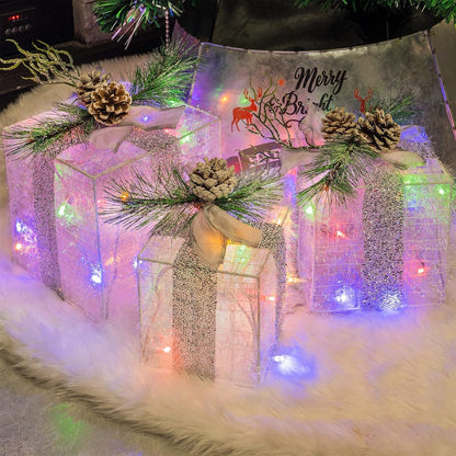 Hourleey Set of 3 Christmas Lighted Gift Boxes, Pre-lit 60 LED Light Up Present Boxes Ornament Outdoor Warm White Tinsel Boxes Decoration for Indoor Christmas Home Yard Lawn Decor
