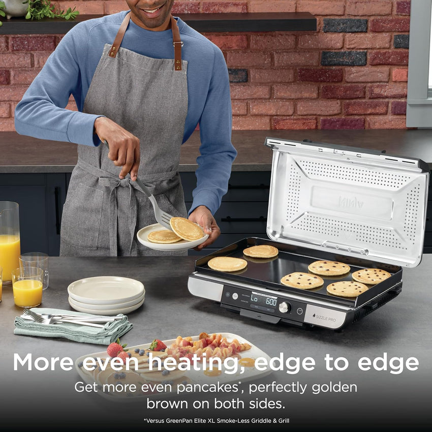Ninja Sizzle Pro XL 20-Inch Indoor Griddle + Grill, Detachable Ventilated Lid, Grease Control, Ceramic Nonstick Plates, Even Edge-to-Edge Cooking, Extra Large Capacity, Versatile, Silver, GX101