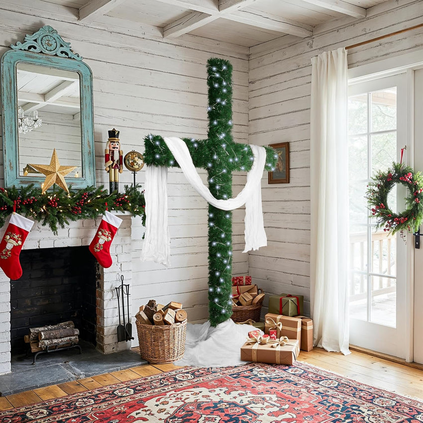 74-Inch Lighted Christmas Cross Tree with 200 Cool White LED String Lights, Religious Indoor Holiday Decor with Scarves & Vines – Christian Catholic Jesus Home Decoration