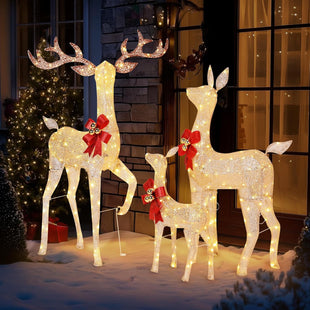 Yescom 3-Piece Large Pre-Lit LED Reindeer Christmas Decor, 110V Plug-in Light Up Deer Family Set Outdoor Decorations for Yard Holiday, 3D Golden Outside Patio Deck Lawn Ornaments with Stack 2025 Xmas