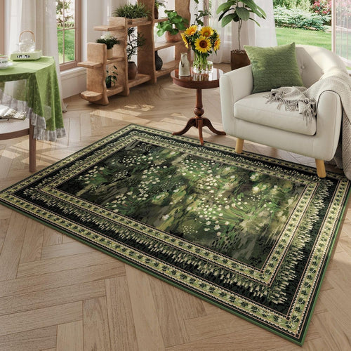 Rugcomf 4x6 Rug for Bedroom Impressionist-Style Vintage Washable Rugs Non Slip Low Pile Small Carpet for Bedside Kids Room Office Dining Room, Green