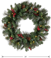 National Tree Company 24 in Pre-Lit Crestwood Spruce Artificial Christmas Wreath, Christmas Decoration with Glitter, Pinecones, Red Berries, 50 Clear LED Lights, 160 Tips, Timer, Green