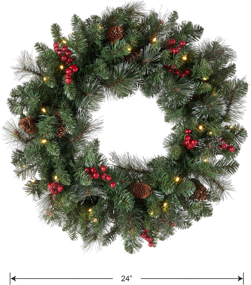 National Tree Company 24 in Pre-Lit Crestwood Spruce Artificial Christmas Wreath, Christmas Decoration with Glitter, Pinecones, Red Berries, 50 Clear LED Lights, 160 Tips, Timer, Green