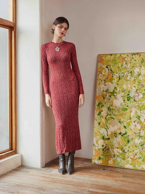 CIDER Burgundy Dress for Women Long Sweater Dresses Mesh Hollow Out Long Sleeve Crew Neck Maxi Winter Dress 2025