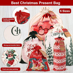 POPGIFTU 12 Pack Christmas Canvas Drawstring Gift Bags — Reusable Fabric Santa Sacks in Mixed Sizes with Kraft Tags for Holiday Present Packaging, Xmas Decorations & Party Favors
