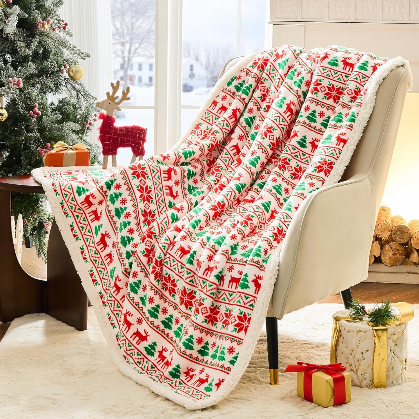 Christmas Throw Blanket, Christmas Decorations Gifts for Women, Sherpa Flannel Fleece Winter Holiday Blanket, Fluffy Cozy Soft Christams Throws for Couch Sofa Bed, ChristamsRhombus, 50" X 60"