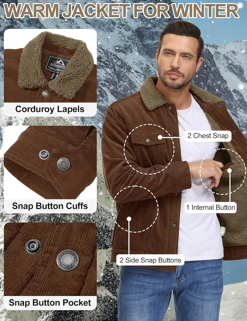 7DAY'S Men's Corduroy Jacket Fleece Sherpa Lined Winter Coats Warm Cotton Casual Trucker Cargo Jacket with Multi Pockets