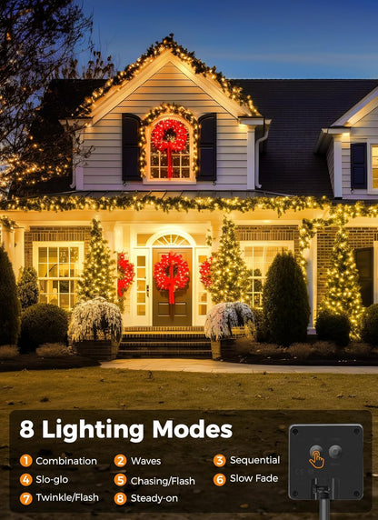 Minetom Solar String Lights Outdoor Waterproof- 40 FT 100 LED Solar Powered String Lights with 8 Lighting Modes, IP65 Waterproof Solar Christmas Lights for Outdoor Outside Tree Party Decor, Warm White