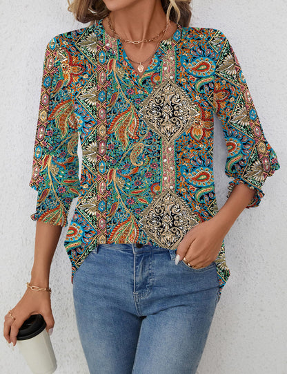 LOMON Blouses for Women Dressy Casual 3/4 Sleeve Tops for Women V Neck T Shirt Ladies Tops and Blouses Orange Blue Print L