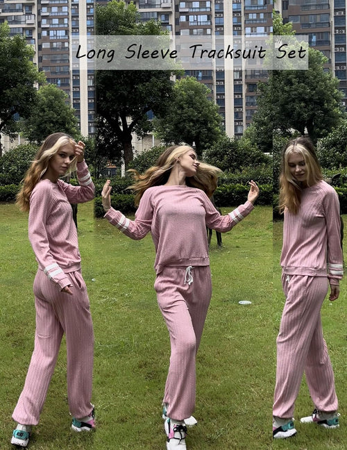 Ekouaer Lounge Sets for Women Ribbed Knit Outfits Pajamas Sets 2 Piece Long Sleeve Sweatsuits with Pockets
