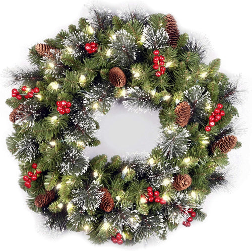 National Tree Company 24 in Pre-Lit Crestwood Spruce Artificial Christmas Wreath, Christmas Decoration with Glitter, Pinecones, Red Berries, 50 Clear LED Lights, 160 Tips, Timer, Green