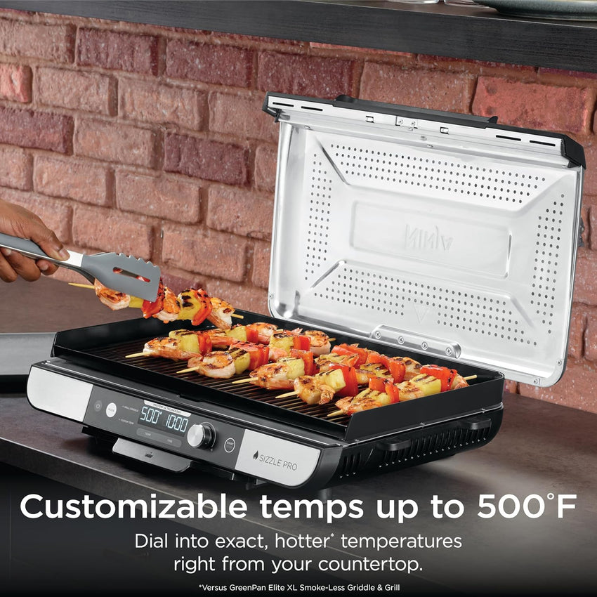 Ninja Sizzle Pro XL 20-Inch Indoor Griddle + Grill, Detachable Ventilated Lid, Grease Control, Ceramic Nonstick Plates, Even Edge-to-Edge Cooking, Extra Large Capacity, Versatile, Silver, GX101