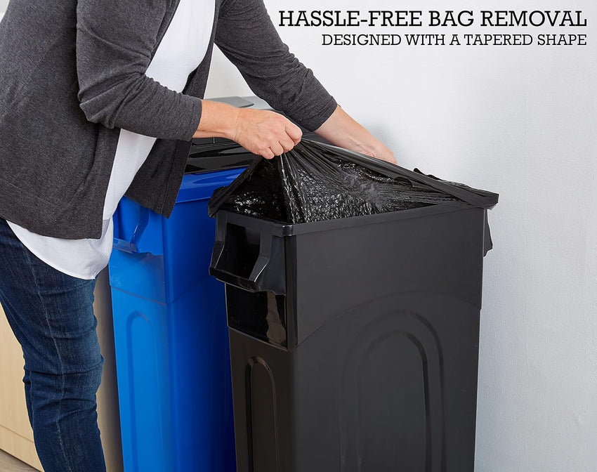 United Solutions Highboy Waste Container with Swing Lid, 23 Gallon, Space Saving Slim Profile and Easy Bag Removal, Handles for Easy Carrying, Indoor/Outdoor Use, Black, 1-Pack.