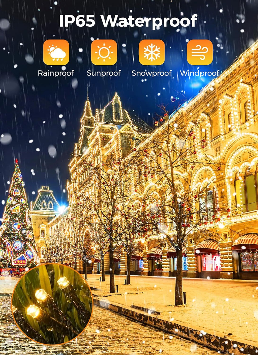 Minetom Solar String Lights Outdoor Waterproof- 40 FT 100 LED Solar Powered String Lights with 8 Lighting Modes, IP65 Waterproof Solar Christmas Lights for Outdoor Outside Tree Party Decor, Warm White