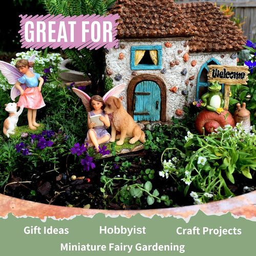 PRETMANNS Fairy House Kit - Fairy Garden Accessories for Outdoor Miniature Village Decor, with Fairies & Sign - Pinecone House, 6.5' High & Door can Open Wide - 4 Piece Supplies