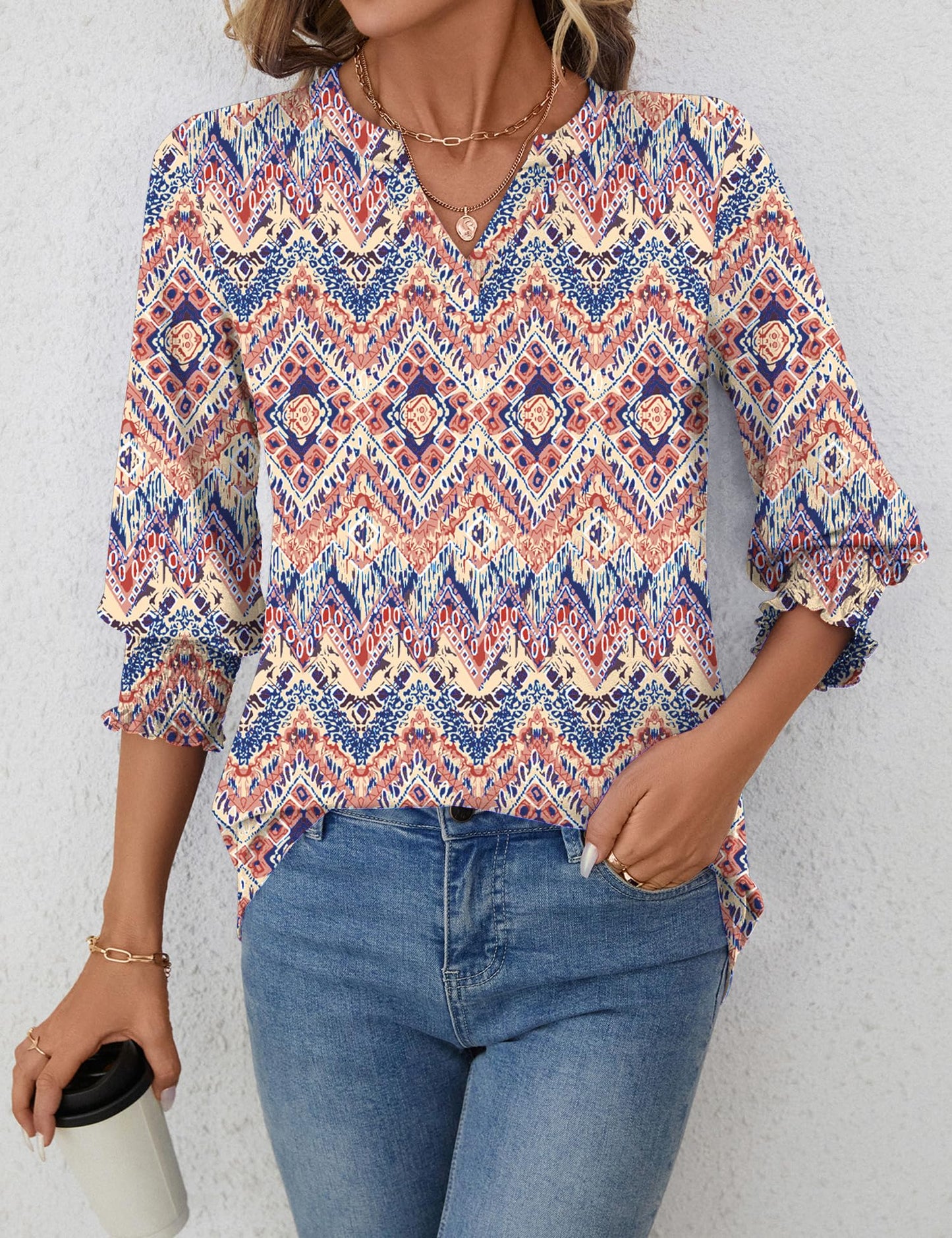 LOMON Blouses for Women Dressy Casual 3/4 Sleeve Tops for Women V Neck T Shirt Ladies Tops and Blouses Orange Blue Print L