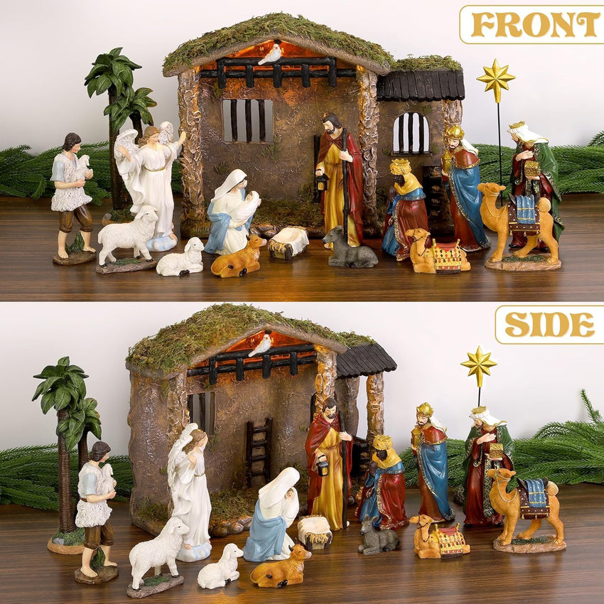 Fovths 17 Pieces Lighted Nativity Christmas Nativity Stable Manger Religious Nativity Stable Manger Figurine Resin Decor for Deluxe Edition Led Nativity Tabletop Holiday Centerpieces Decor, 7 Inch