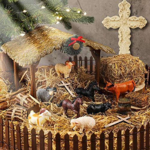 Thyle 20 Pcs Christmas Nativity Scene Manger Shed Kits Miniature Stable for Christmas Nativity Table Top Decor Including Thatched Roof, Fence, Farm Animals, Hay Bales & Tools Firewood Pile Cow
