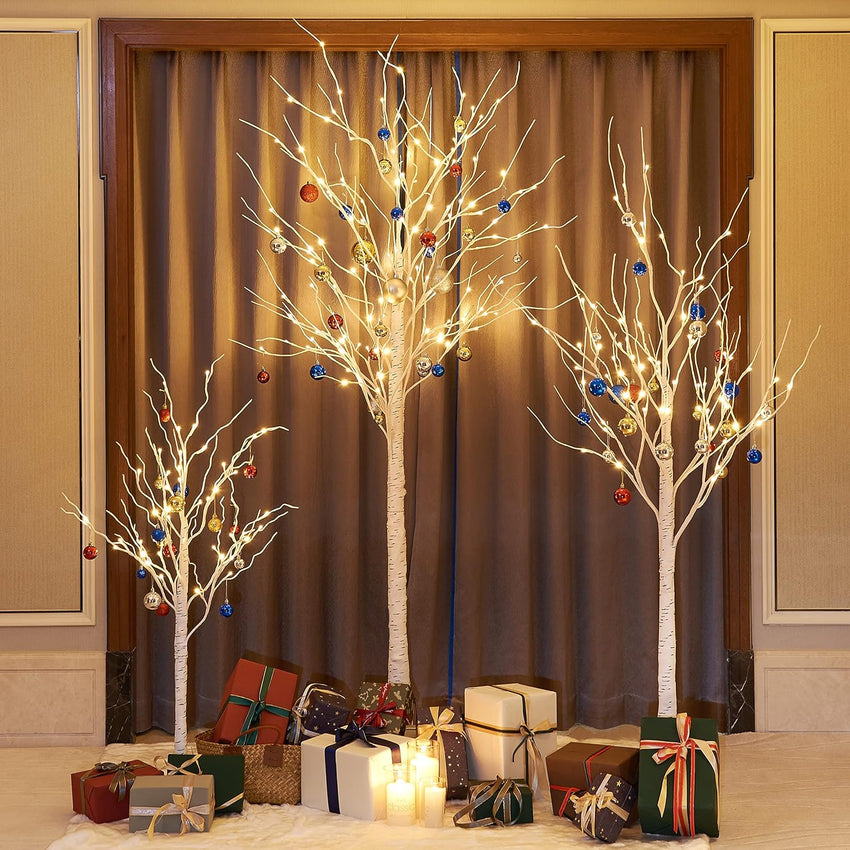 LIGHTSHARE LED Birch Tree Light Set - 4ft, 6ft, 8ft Trees with Warm White Lights - Indoor Outdoor Christmas Wedding Party Decorations (3-Pack)