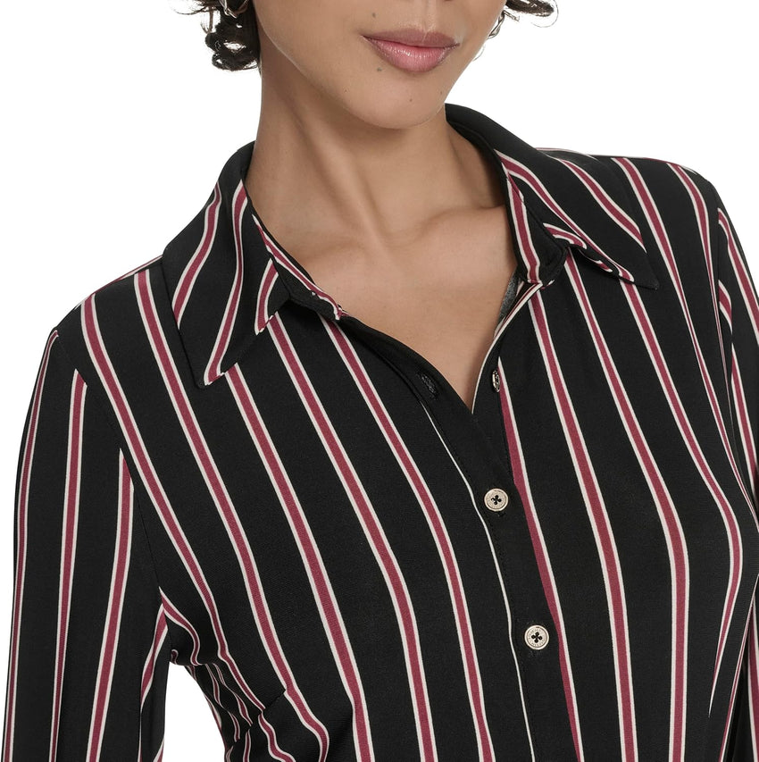 Tommy Hilfiger Women's Long Sleeve Collared Self Tie Midi Shirtdress