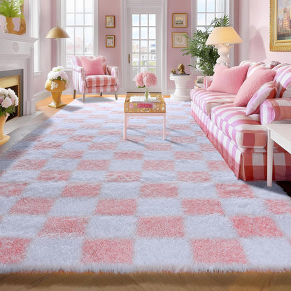 KICMOR Navy Blue and Cream White Rugs for Living Room, 4x6 Fluffy Fuzzy Shag Checkered Rug Shaggy Carpet for Bedroom, Soft Plush Area Rug for Nursery Toddler Room Classroom Study Room Kids Room