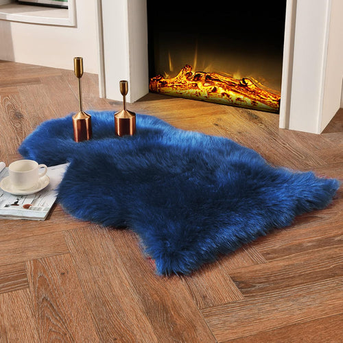 duduta Navy Blue Faux Sheepskin Throw Rug 2x3 ft, Fluffy Shag Fur Chair Cover Small Bedside Dorm Rug Non Slip Machine Washable