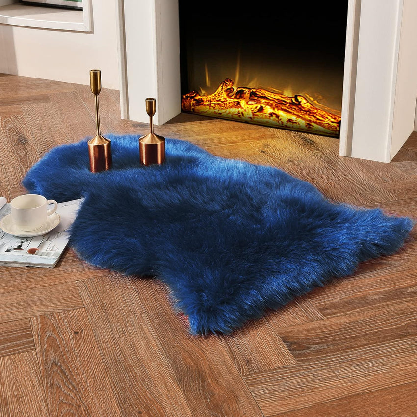 duduta Navy Blue Faux Sheepskin Throw Rug 2x3 ft, Fluffy Shag Fur Chair Cover Small Bedside Dorm Rug Non Slip Machine Washable