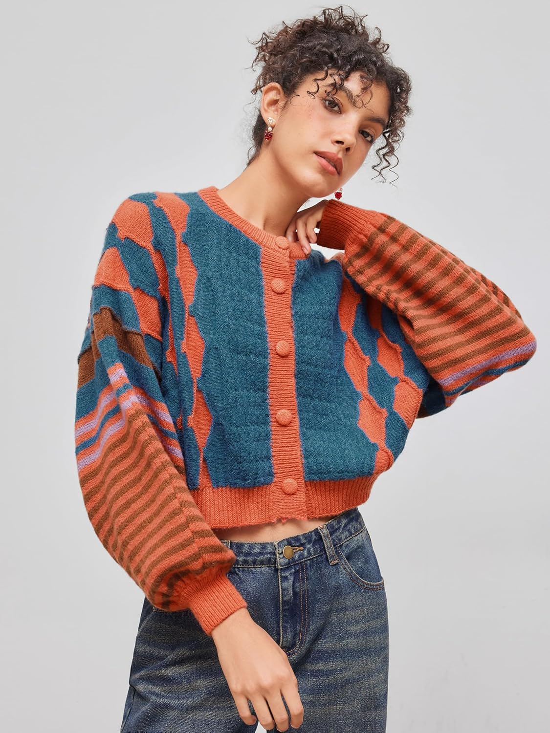 CIDER Cardigans for Women Trendy Crew Neck Striped Geometric Knit Cardigan Oversized Button Up Knitwear
