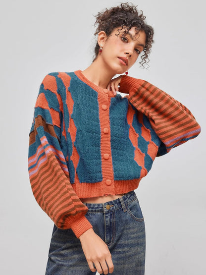 CIDER Cardigans for Women Trendy Crew Neck Striped Geometric Knit Cardigan Oversized Button Up Knitwear