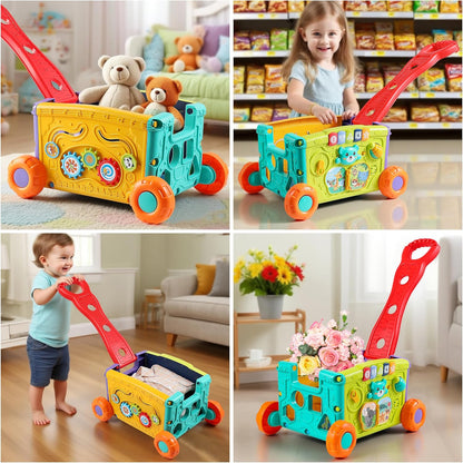 Musical Push Walker Toy for Toddlers 18+ Months - Educational Activity Wagon with Blocks, Learning Walking Assistant with Handle for Boys & Girls