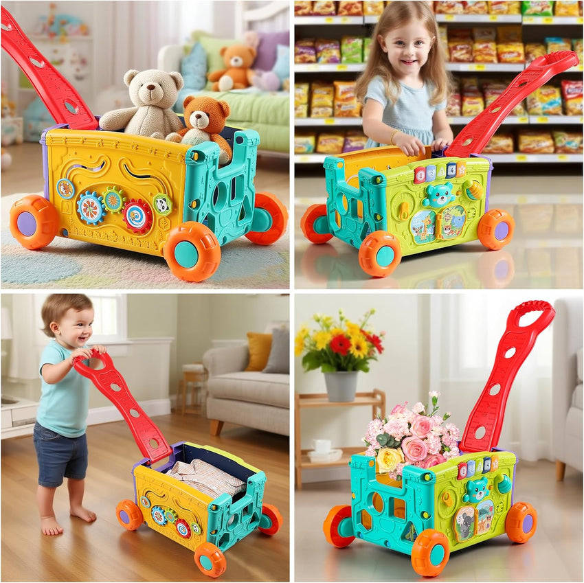 Musical Push Walker Toy for Toddlers 18+ Months - Educational Activity Wagon with Blocks, Learning Walking Assistant with Handle for Boys & Girls