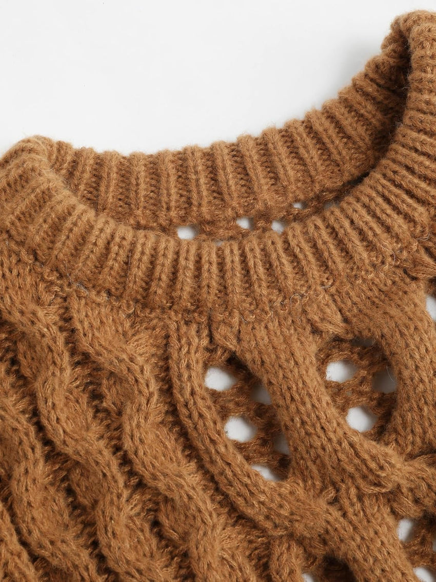 CIDER Cropped Sweaters for Women Knit Round Neckline Hollow Out Long Sleeve Crop Top Sweaters