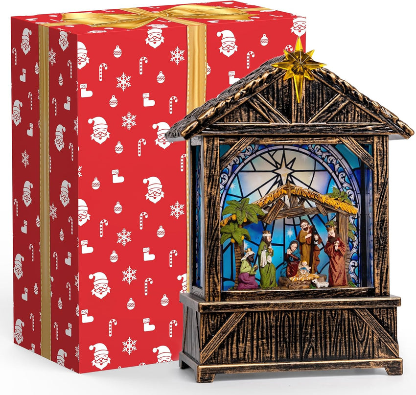 Nativity with Star Musical Lighted Water Creche with Swirling Glitter, Christmas Snow Globe Nativity Manger for Xmas with Music, Holiday Decorations Gifts for Family, Children or Friends