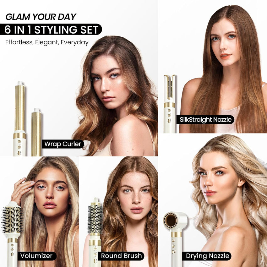 GLAMUP® 6 in 1 Hot Air Styler, Upgraded Long Barrel, Round Brush, Powerful High Speed Dryer, Tight Grip, Curling Volumizing Gift Set with Travel Bag