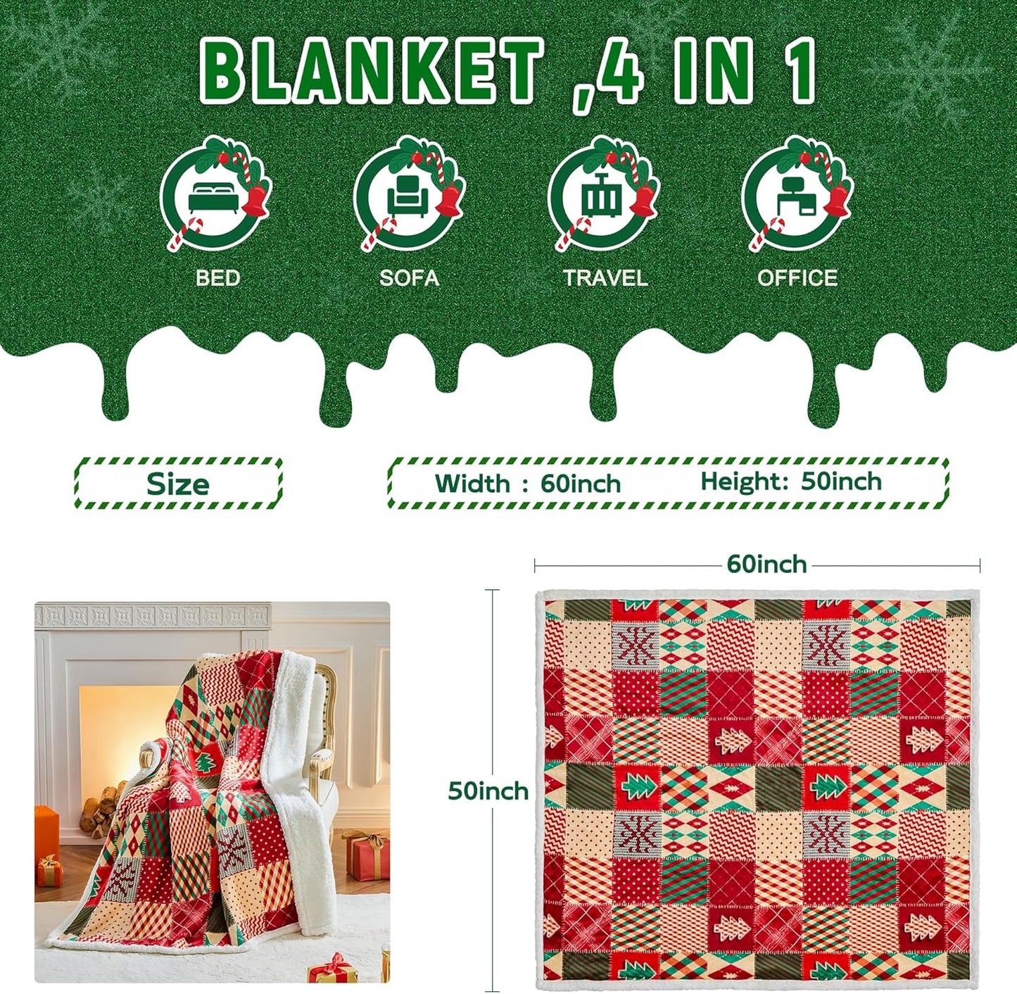 Christmas Throw Blanket, Christmas Decorations Gifts for Women, Sherpa Flannel Fleece Winter Holiday Blanket, Fluffy Cozy Soft Christams Throws for Couch Sofa Bed, ChristamsRhombus, 50" X 60"